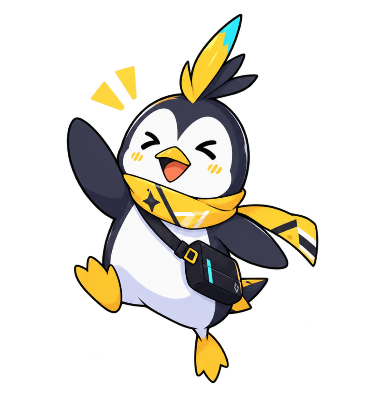 An excited arcade-style penguin companion celebrating