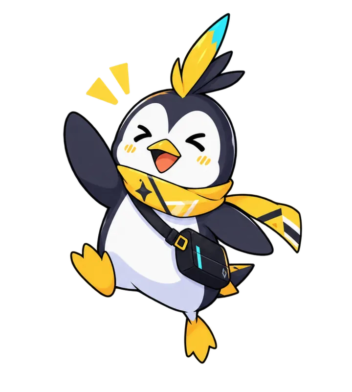 An excited arcade-style penguin companion celebrating